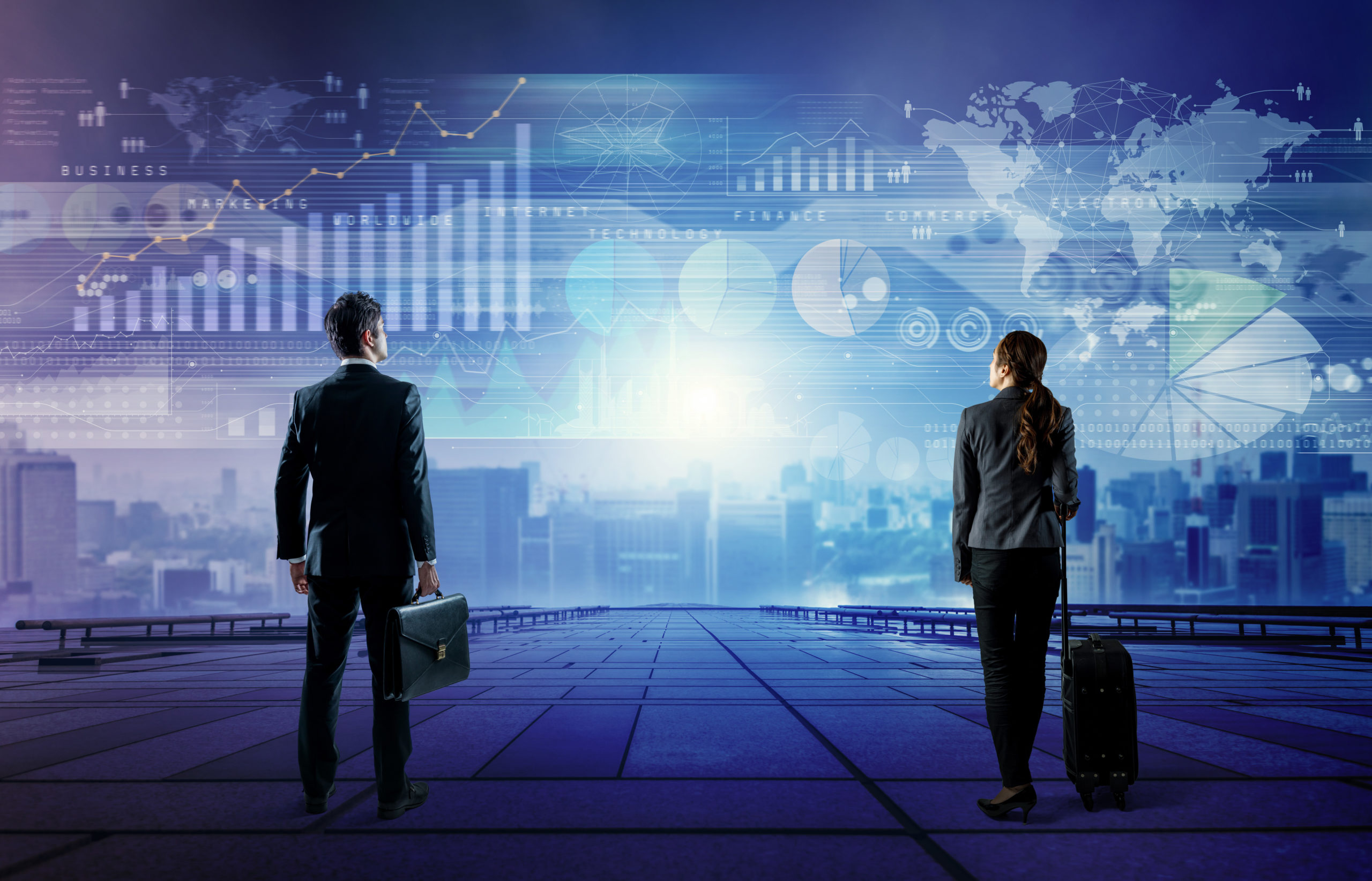 businessman and businesswoman looking at business information. abstract mixed media.